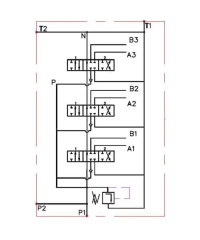 A detailed hydraulic schematic diagram illustrating a multi-station control system, relevant to a 4-way hydraulic manifold block.