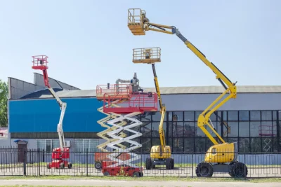 Various aerial work platforms and a scissor lift powered by a hydraulic pump system in an outdoor setting.