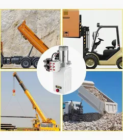 A collage showcasing various applications for a double acting hydraulic power unit, including forklifts and cranes.