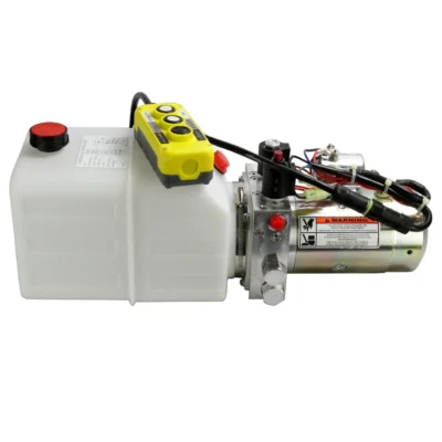 Close-up of a dual action hydraulic pump with a white reservoir and yellow remote control pendant.