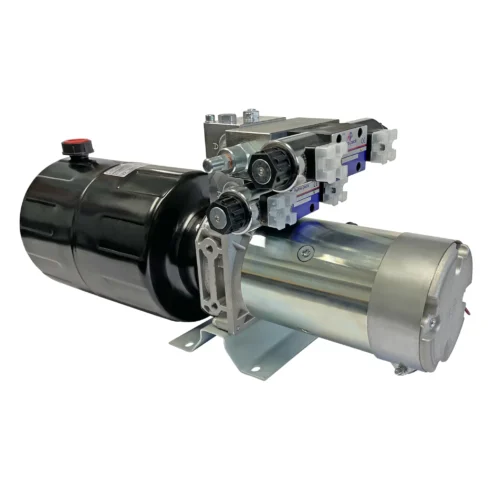 Rear side view of a completely assembled snow plow hydraulic pump showing the black reservoir and motor.