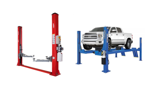 Red two-post and blue four-post car lifts, each equipped with an automotive lift hydraulic pump.