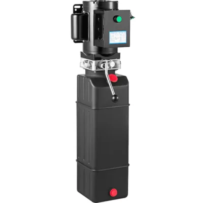 Black vertical car lift hydraulic pump unit isolated on a white background.