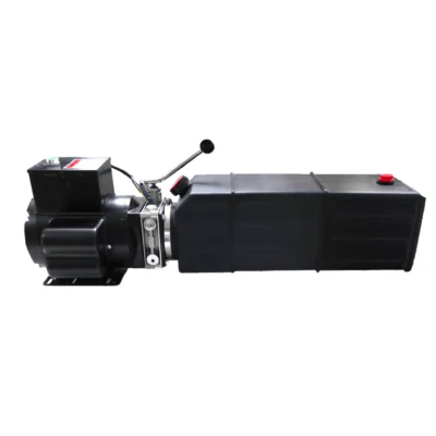 Horizontal black car lift hydraulic pump replacement unit on a white background.