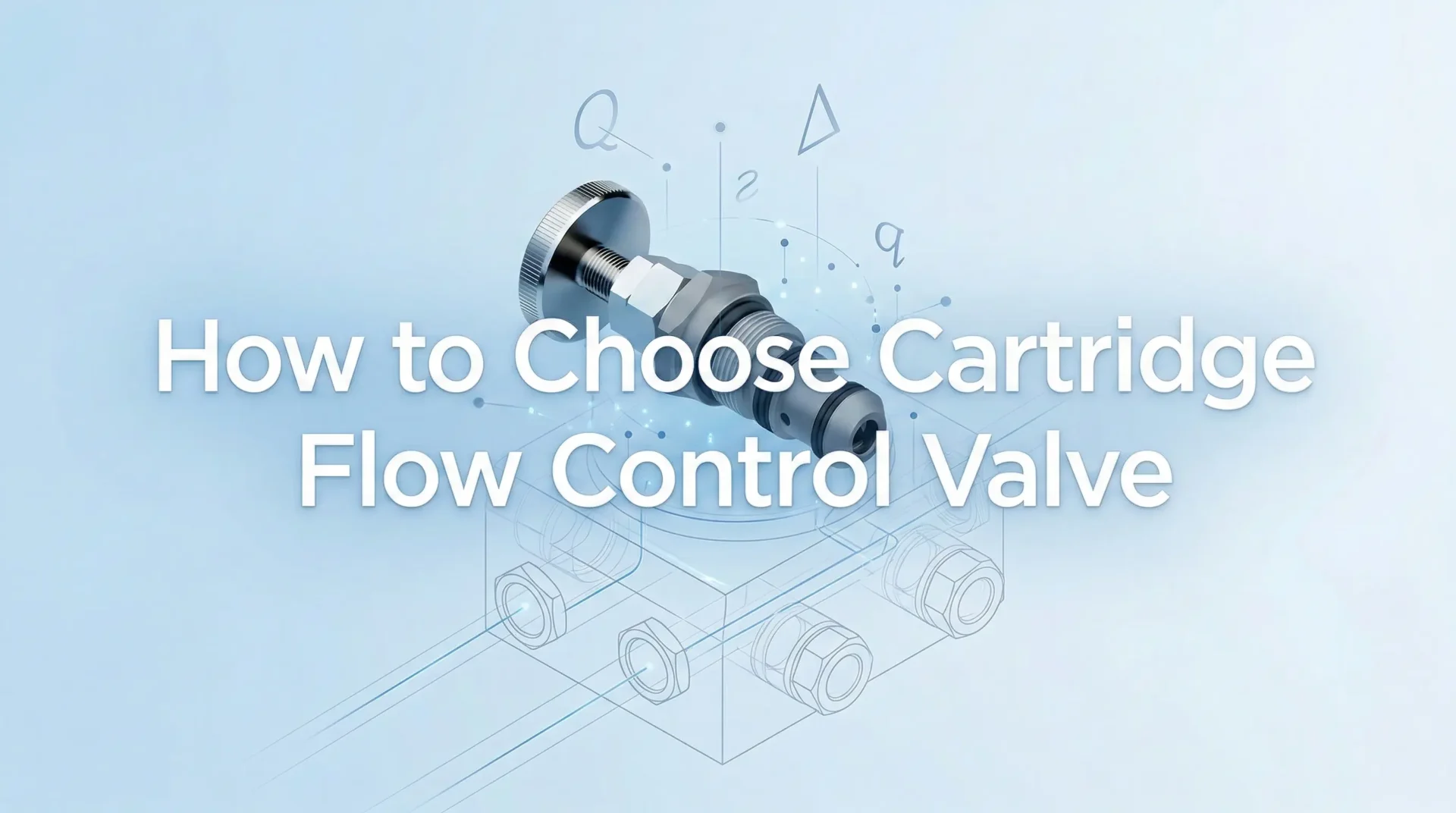 Guide cover for 'How to Choose Cartridge Flow Control Valve' featuring a technical rendering of a hydraulic cartridge valve.