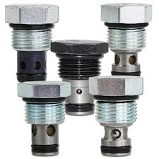 A collection of five industrial screw-in hydraulic cartridge valves with hexagonal heads, threaded bodies, and black O-ring seals, showing side fluid ports and various metal finishes.