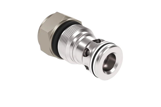 A high-precision metallic cartridge check valve featuring a threaded body, multiple black O-ring seals, and internal flow ports for hydraulic manifold integration.