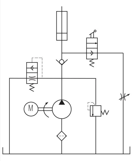 auto lift power unit hydraulic schematic diagram Technical hydraulic circuit schematic for an auto lift power unit showing the motor pump assembly and fluid control valves.
