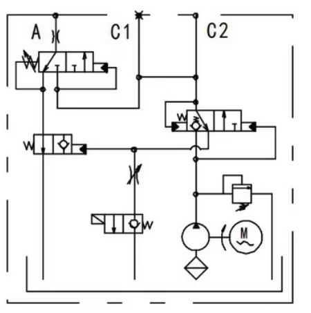 dock leveler hydraulic pump circuit diagram Hydraulic circuit schematic for a double acting hydraulic pump system featuring bidirectional solenoid valve control and motor integration.