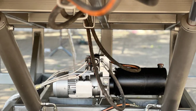 Professional installation of a dock leveler hydraulic pump power unit within a loading dock leveling system.