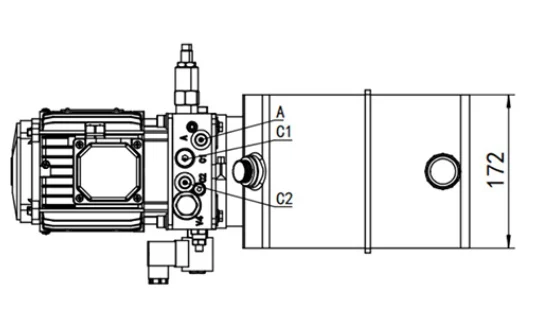 Top view schematic of a dock leveler hydraulic pump manifold showing port configurations and technical measurements.