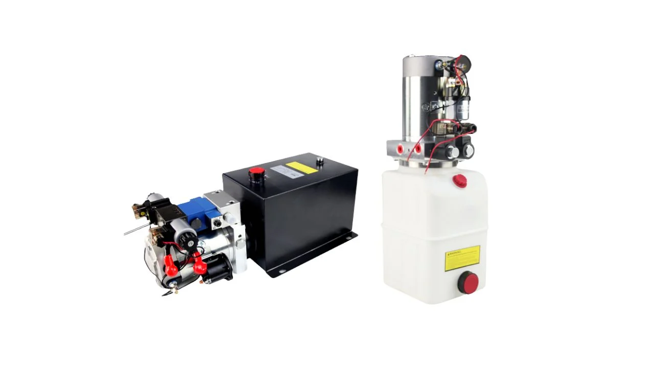double acting hydraulic pump steel and poly reservoir Two variations of a double acting hydraulic pump showing a horizontal unit with black steel tank and a vertical unit with white poly reservoir.