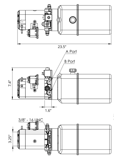dump trailer hydraulic pump side view dimensions Multi-angle dimensional drawing of a double-acting Dump Trailer Hydraulic Pump detailing 23.5-inch length and port locations.
