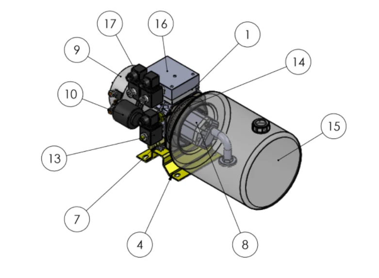 Isometric assembly view of a Hydraulic Liftgate Pump with numbered component callouts.