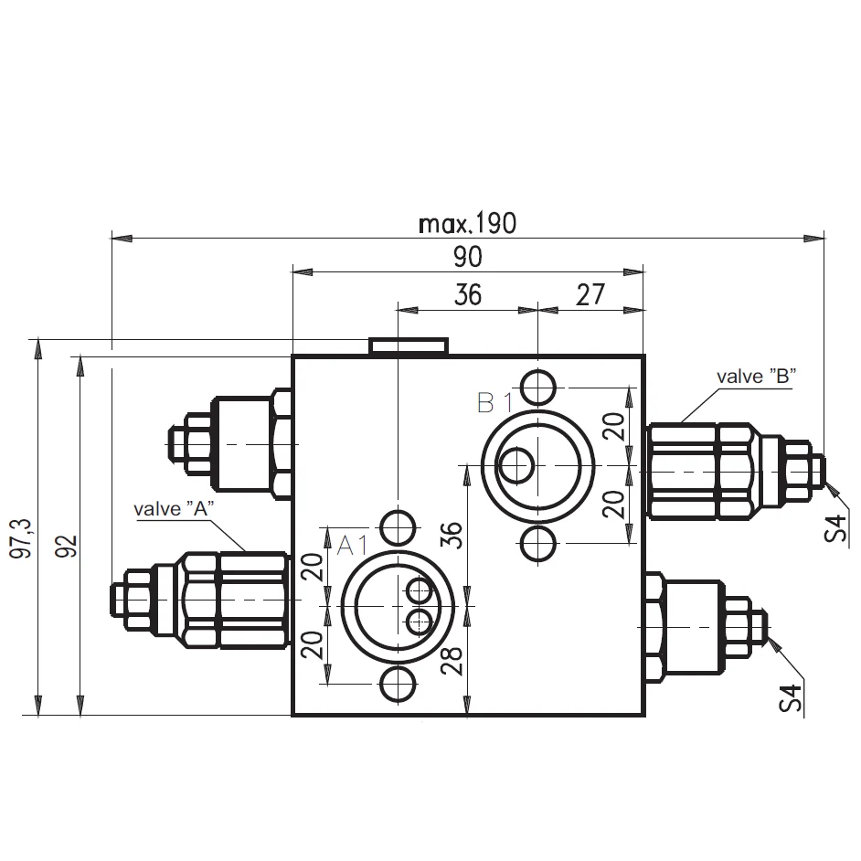 Dimensional drawing of a hydraulic manifold block specifying port locations, valve assemblies, and technical measurements in mm.