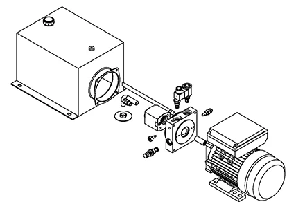 lift table hydraulic pump exploded view Exploded view of a lift table hydraulic pump power unit with separated components for assembly guidance.