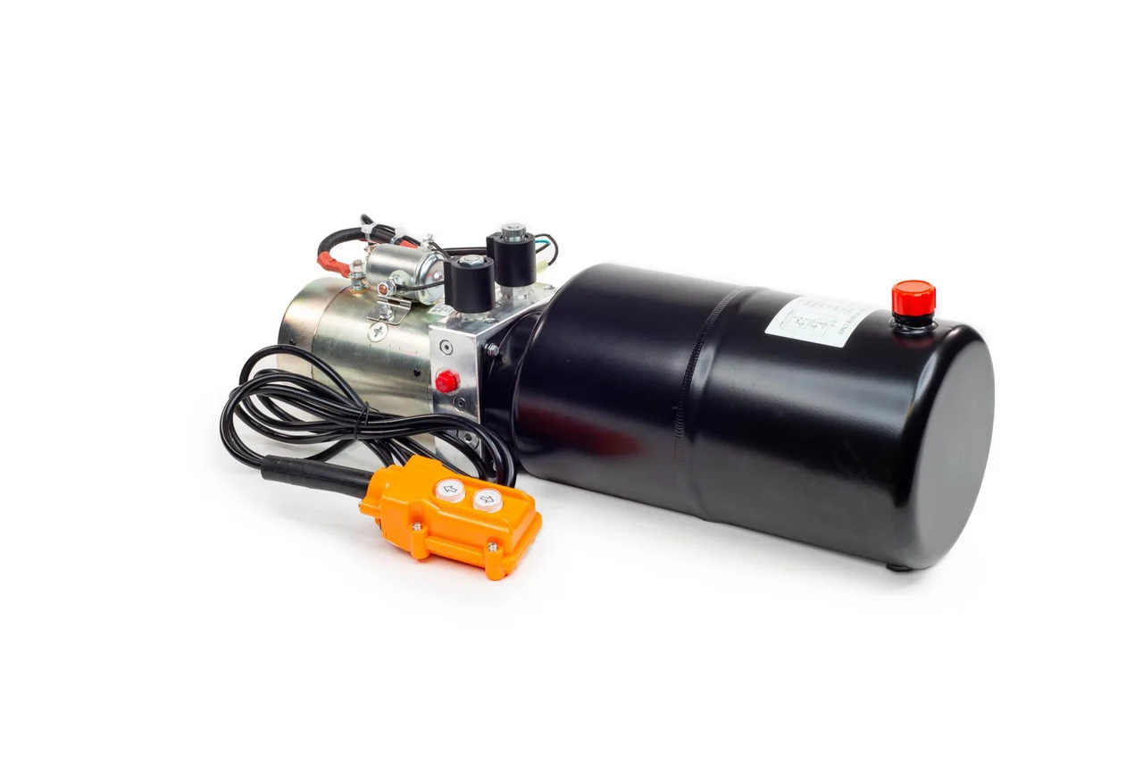 maxim 12v double acting hydraulic pump unit Double acting hydraulic pump power unit with 12V DC motor, reservoir tank, and wired remote controller.