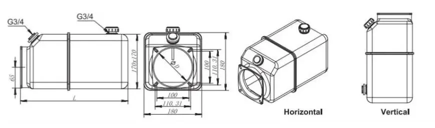 plastic hydraulic reservoir tank dimensions drawing Technical drawing showing the dimensions and mounting configurations for horizontal and vertical hydraulic reservoir tank installations.