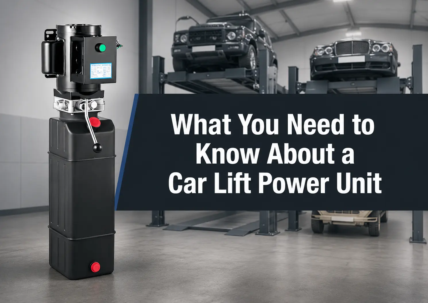 Car lift power unit blog cover with hydraulic power pack and vehicle lift background