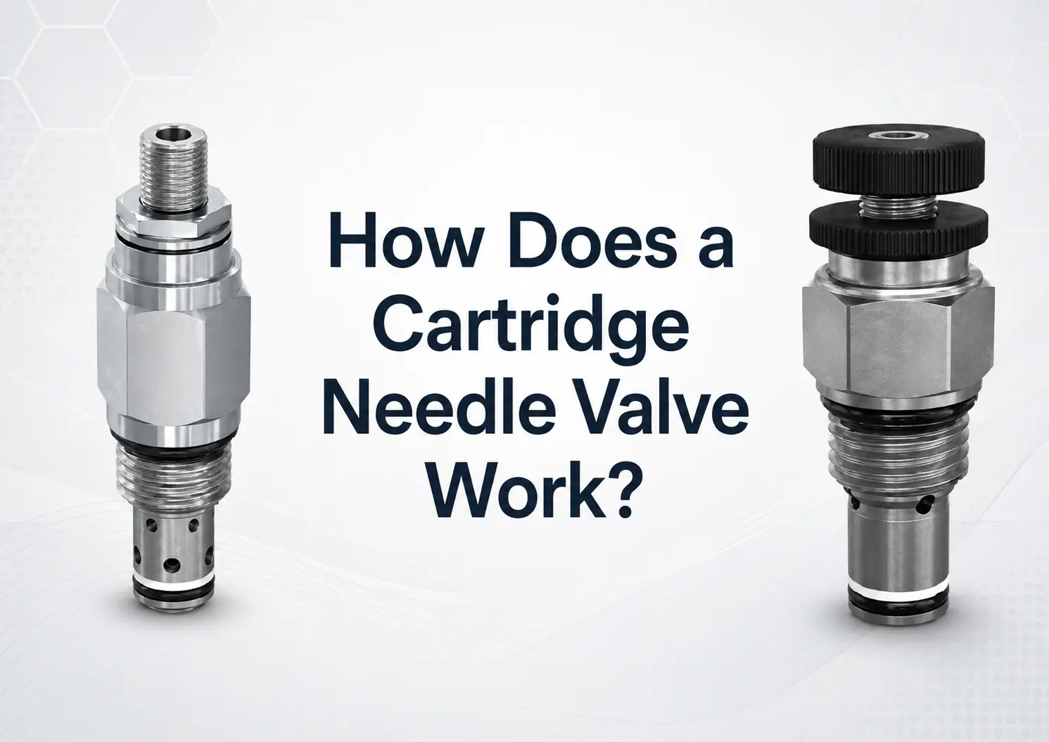 Article cover showing two cartridge needle valves with centered title "How Does a Cartridge Needle Valve Work?" on a clean light industrial background