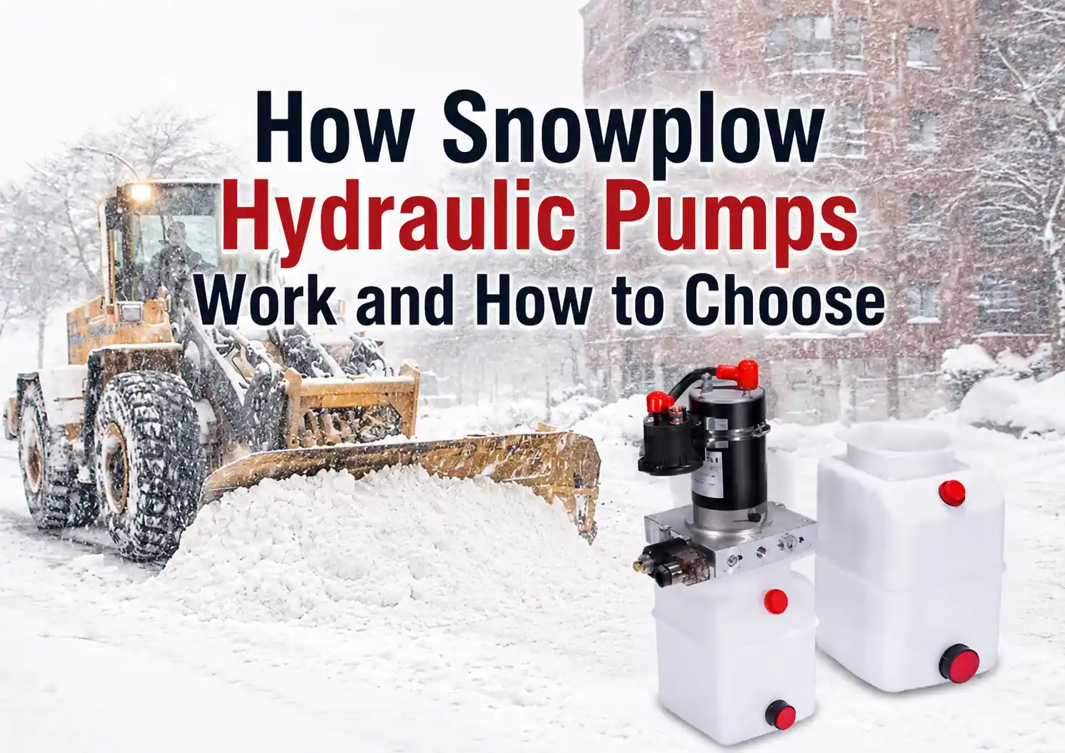 Cover image for How Snowplow Hydraulic Pumps Work and How to Choose, featuring a snowplow vehicle and snowplow hydraulic pump units in a snowy background