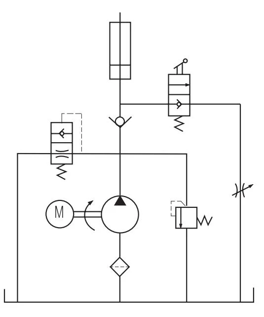 Lift hydraulic power unit working schematic with motor, pump, valve, and cylinder