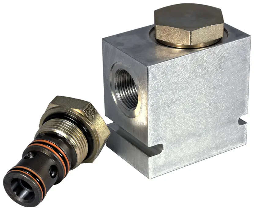 Logic cartridge valve with manifold block for hydraulic control systems
