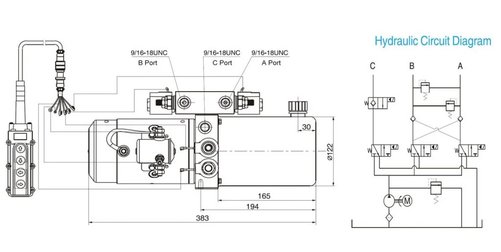 Hydraulic circuit diagram for a snowplow hydraulic pump showing motor, pump, valve block, and cylinder connections