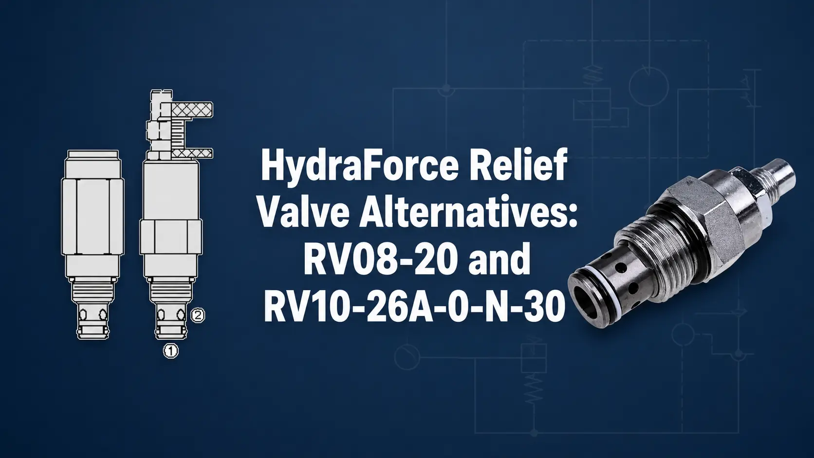 HydraForce relief valve alternatives featuring RV08-20 and RV10-26A-0-N-30 cartridge valves