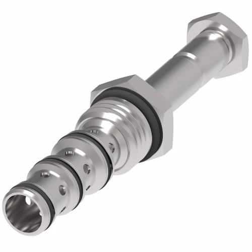 A 3D model render of a metal solenoid cartridge valve with a hex nut header, multiple sealing grooves with black O-rings, and internal oil flow holes.