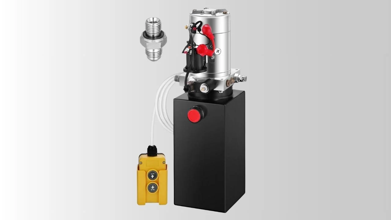 vertical single acting hydraulic pump unit Vertical single acting hydraulic pump unit with black reservoir, pendant controller and hydraulic fitting